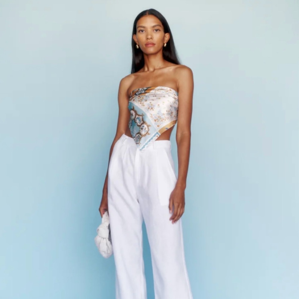 Reformation Floral Satin Tank Top in Cream with Rust, Blue and Green Print